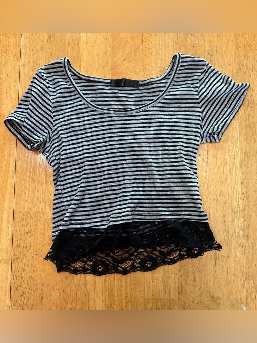 Striped Scoop Neck Crop Top with Black Lace Trim - Black/White